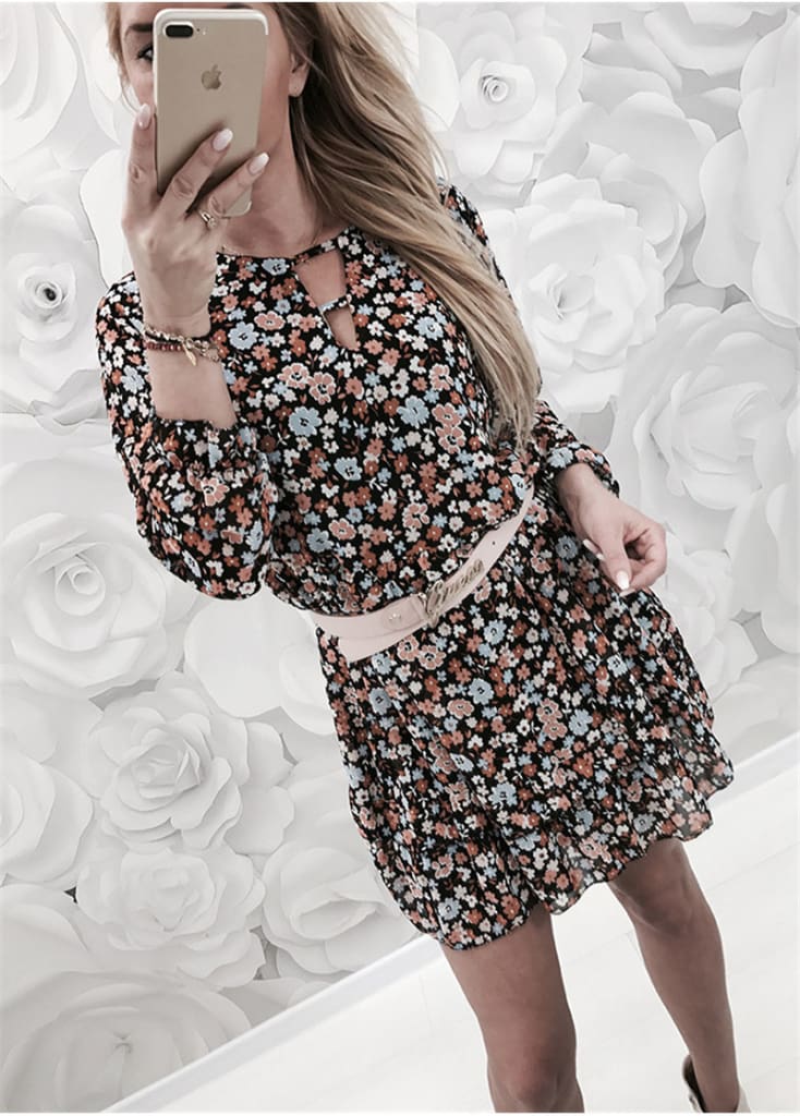 Fashion Women Autumn Long Sleeve Floral Dress Elegant V Neck Loose Ladies Dresses Dames Evening Party Club Flower Streetwear