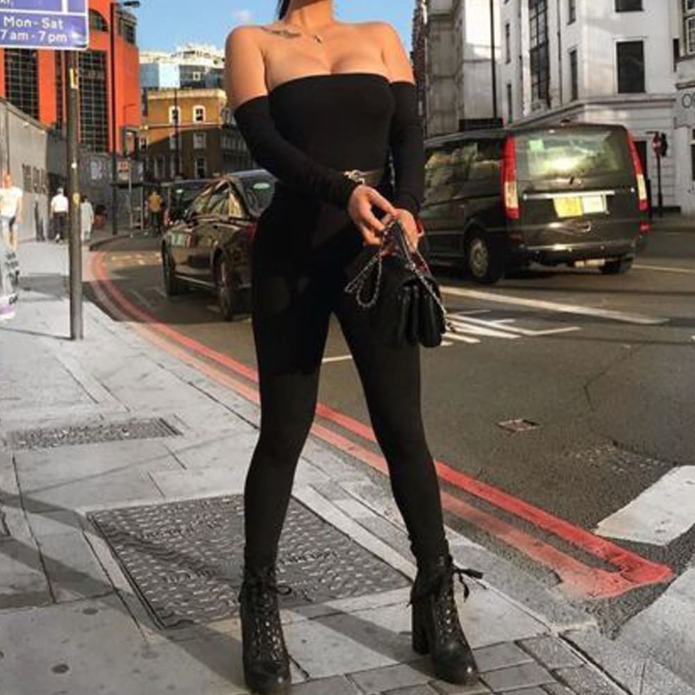 Women Off Shoulder Bodycon Long Sleeve Clubwear Playsuit Jumpsuits Rompers Skinny Sexy Jumpsuits Female Black Trousers