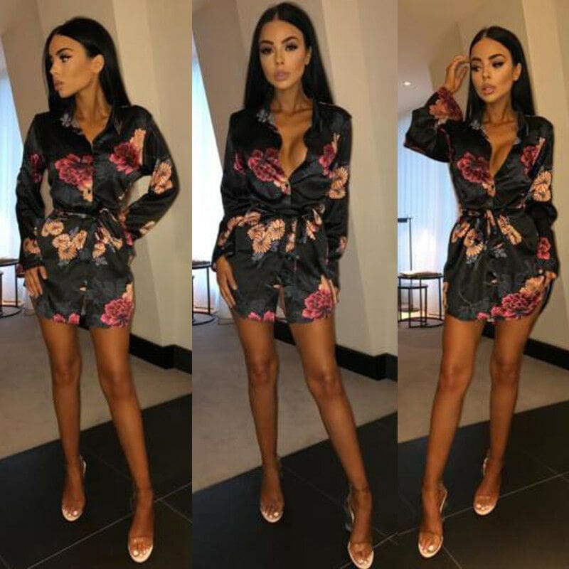 Summer Women Silk Satin Shirt Dress Ladies Print Floral Long Sleeve Loose Short Mini Dresses Beach Party Dress