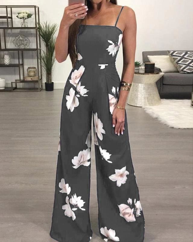 Floral Dungarees Jumpsuit Fashion Trend Sling Print Wide Leg Loose Long Pant Trousers