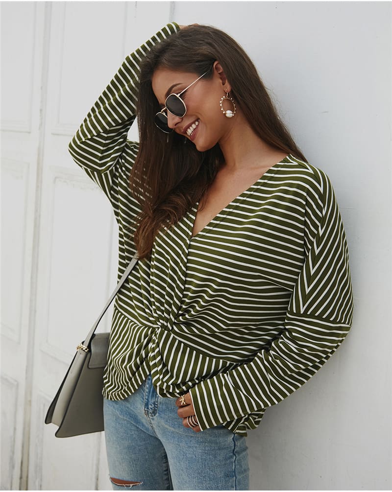 Fashion Women Autumn Casual Top Long Sleeve T shirt V Neck crisscross Tee Shirt Femme Elegant Stripe Dames tshirt Streetwear