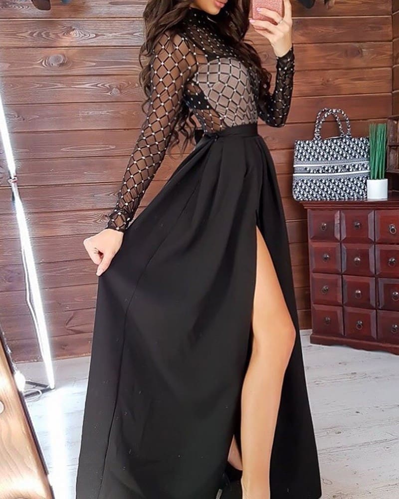 Fashion Women Dress Ladies Mesh Bandage Bodycon Long Sleeve Evening Party Clubwear Slim Long Maxi Dress