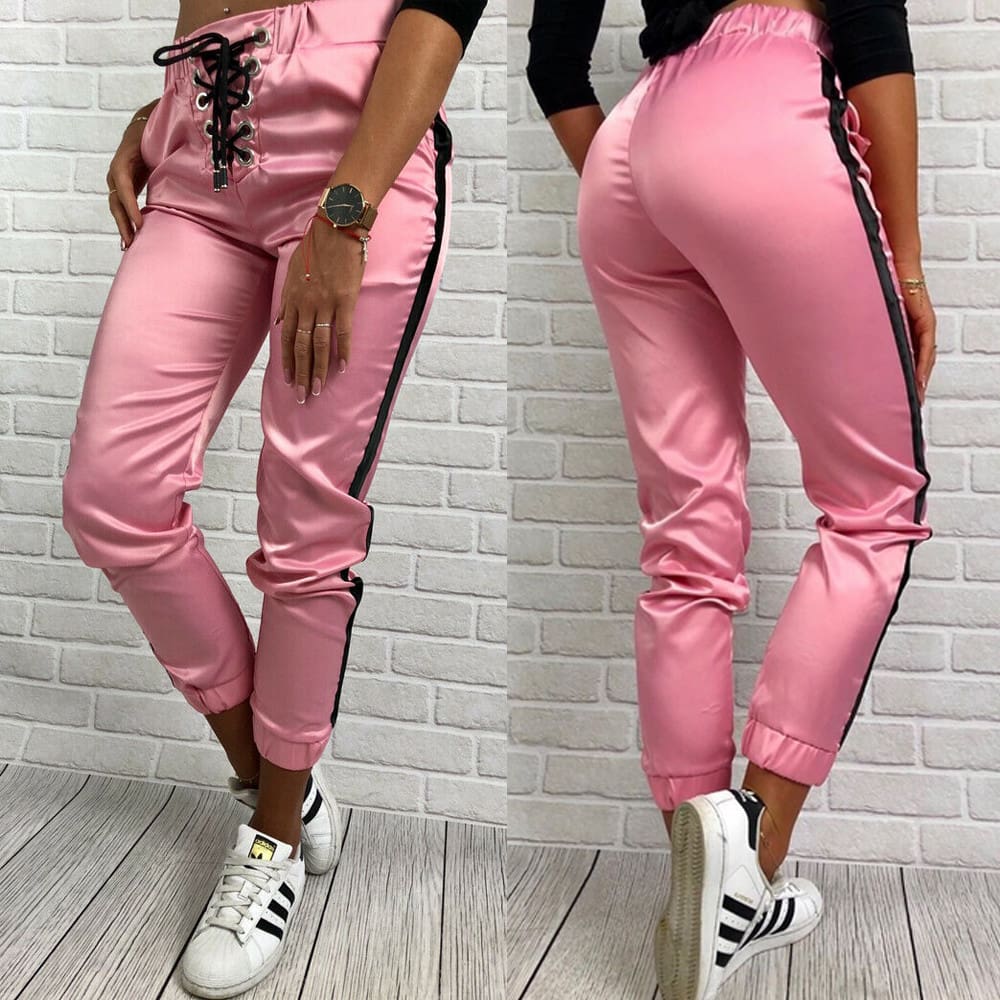 Women Casual Pants Elastic Waist Jogger Skinny Trousers Side Pockets Sweatpants