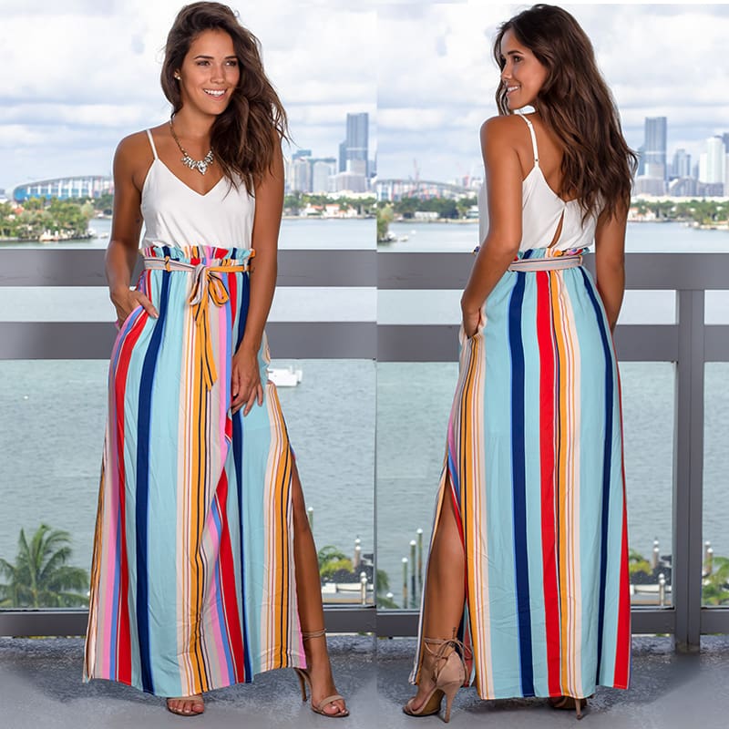 Ladies Fashion Bohemian Skirt Women Long Maxi Full Skirt Indie Folk National Colorful Loose Split High Waist Summer Buttoms