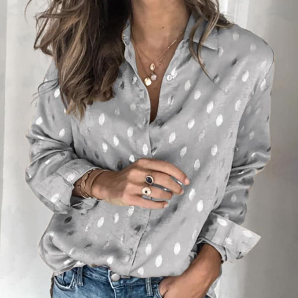 Women Button Polka Dot V Neck Blouse Long Sleeve Tops