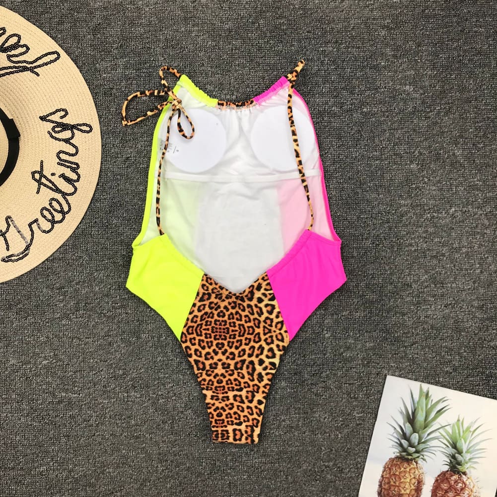 Hirigin Halter One Piece Swimwear Women Leopard Patchwork Push Up Padded Women Bathing Suit Swimming Suit Beachwear