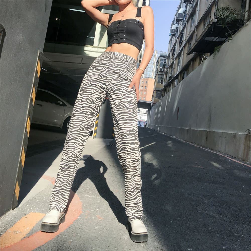 Fashion Long Pants Women High Waist Flat Front Zebra Print Wide-Leg Pants Trouser