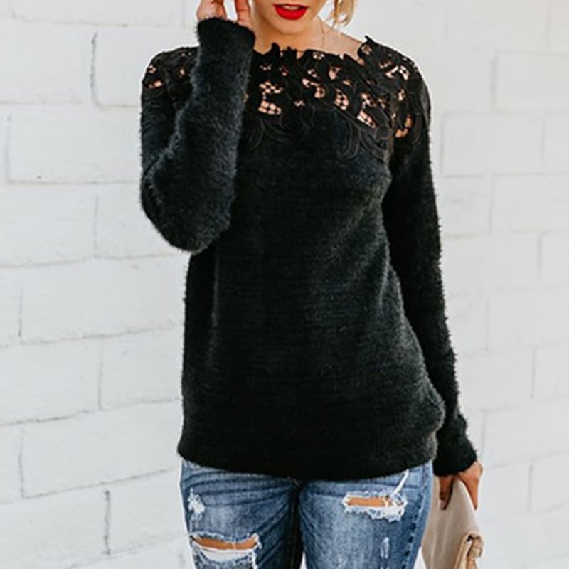 Women Girls Lace Knitted Sweater Pullover Fashion Casual Soft Knitted Long Sleeve Knitwear Blouse Sweater