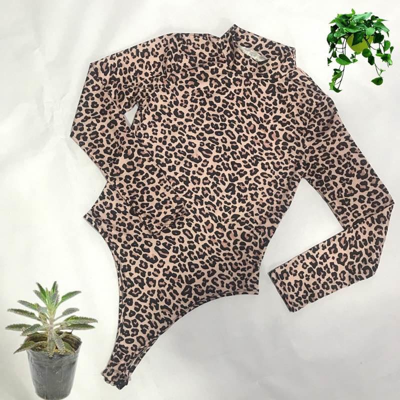 Women Casual Leopard Bodysuit Sexy Ladies High Neck Long Sleeve Leotard Slim Jumpsuit Romper Tops Overalls for Women