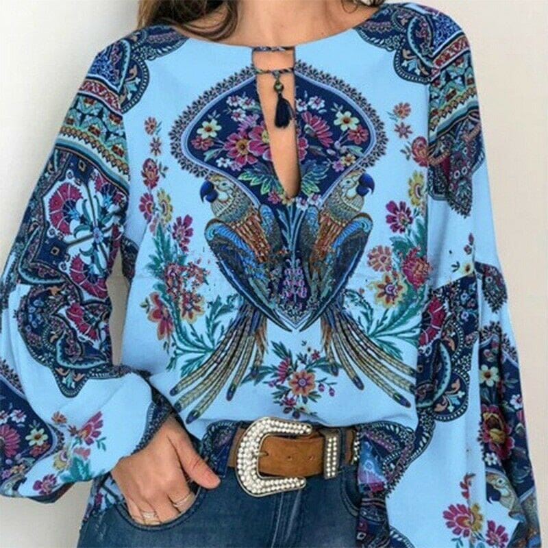 2019 Fashion Women Lady Boho Floral V-Neck Long Sleeve T-Shirts Summer Autumn Casual Loose Tops Plus Size