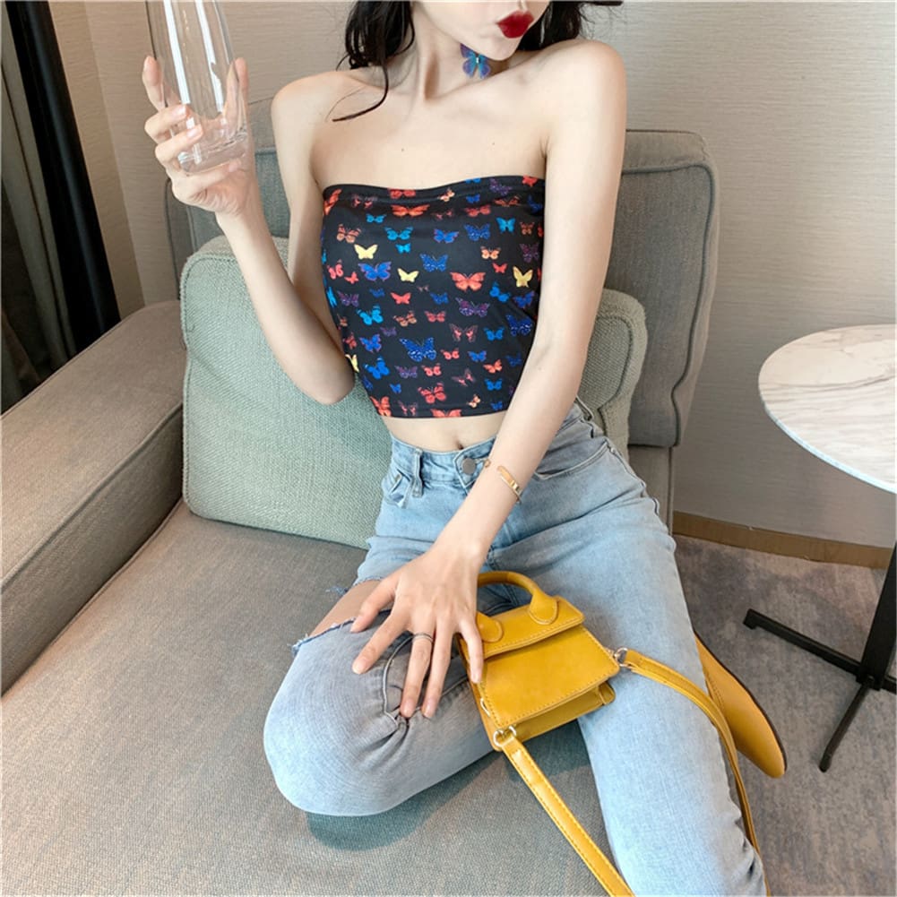 Summer Women Off-shoulder Tube Crop Tops Strapless Bra Tank Casual Ladies Fashion Printed Vest Cami Top