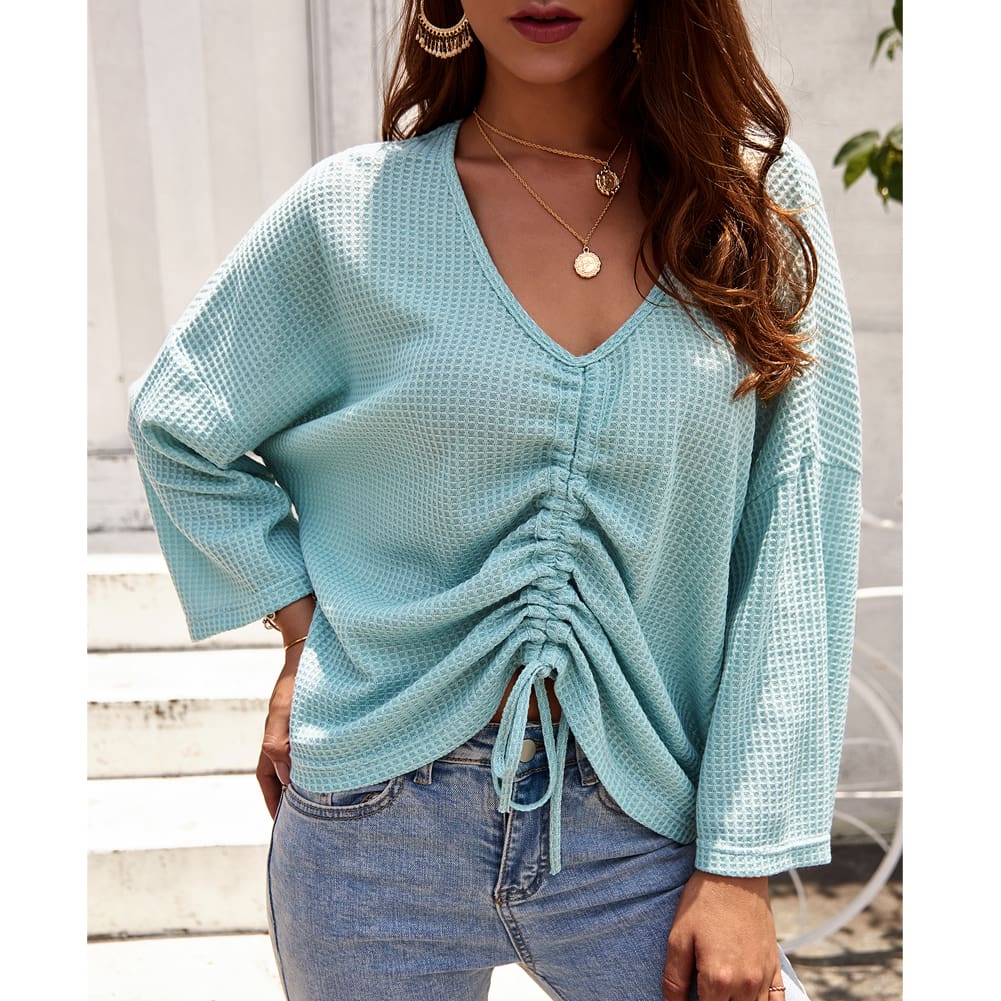 Women Casual Tops T Shirt Lady Office Wears V Neck Loose Long Sleeve Cotton Knit Outwear Streetwear