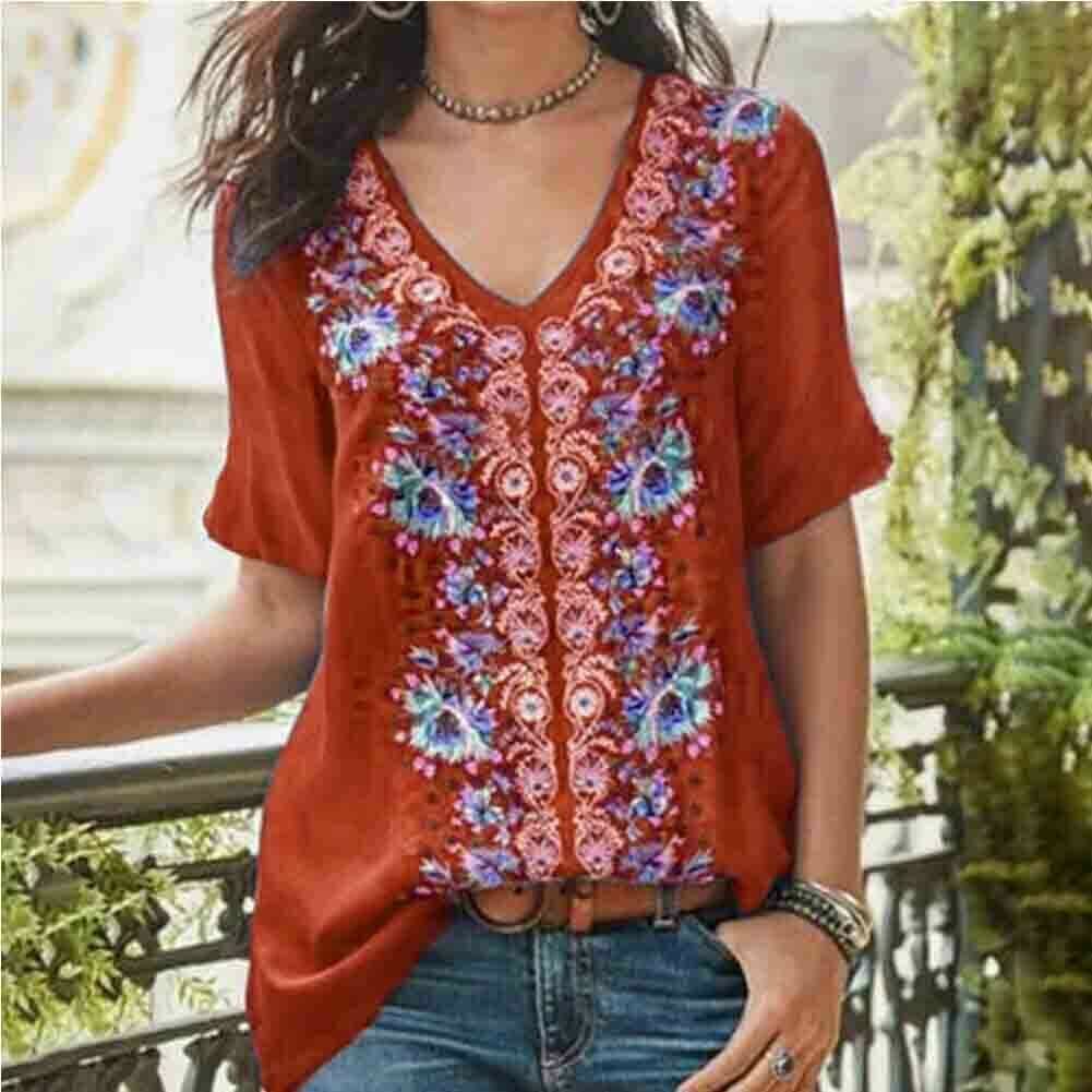 2019 Fashion Womens Summer Boho Floral Tunic Top V Neck Plus Size Ladies Casual Loose Tops T-Shirt Streetwear