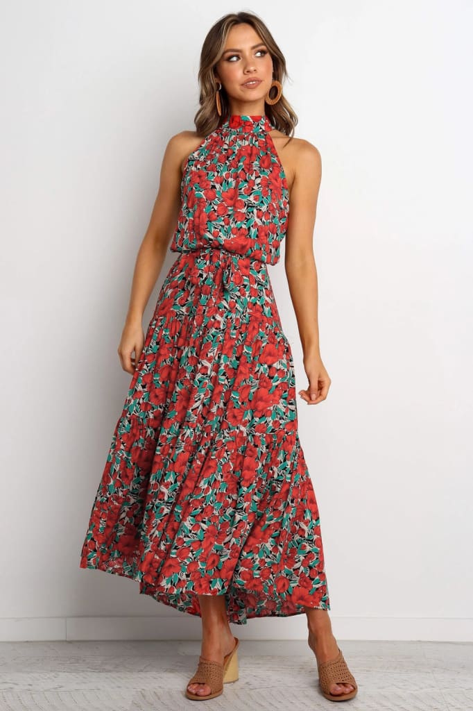 Boho Maxi Floral Dress Summer Ladies Sleeveless Halter Neck Casual Holiday Party Long Flower Dress