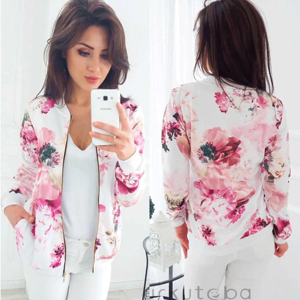 Women Ladies Retro Floral Zipper Up Bomber Long Sleeve Slim Plaid Jacket Casual Floral Zipper Up Bomber Coat Outwear