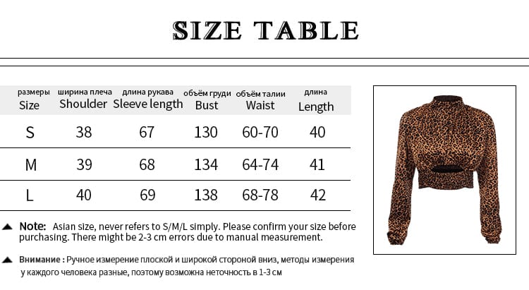 Womens Leopard Long Sleeve Tops Shirt High Neck Slim Blouse Crop Tops