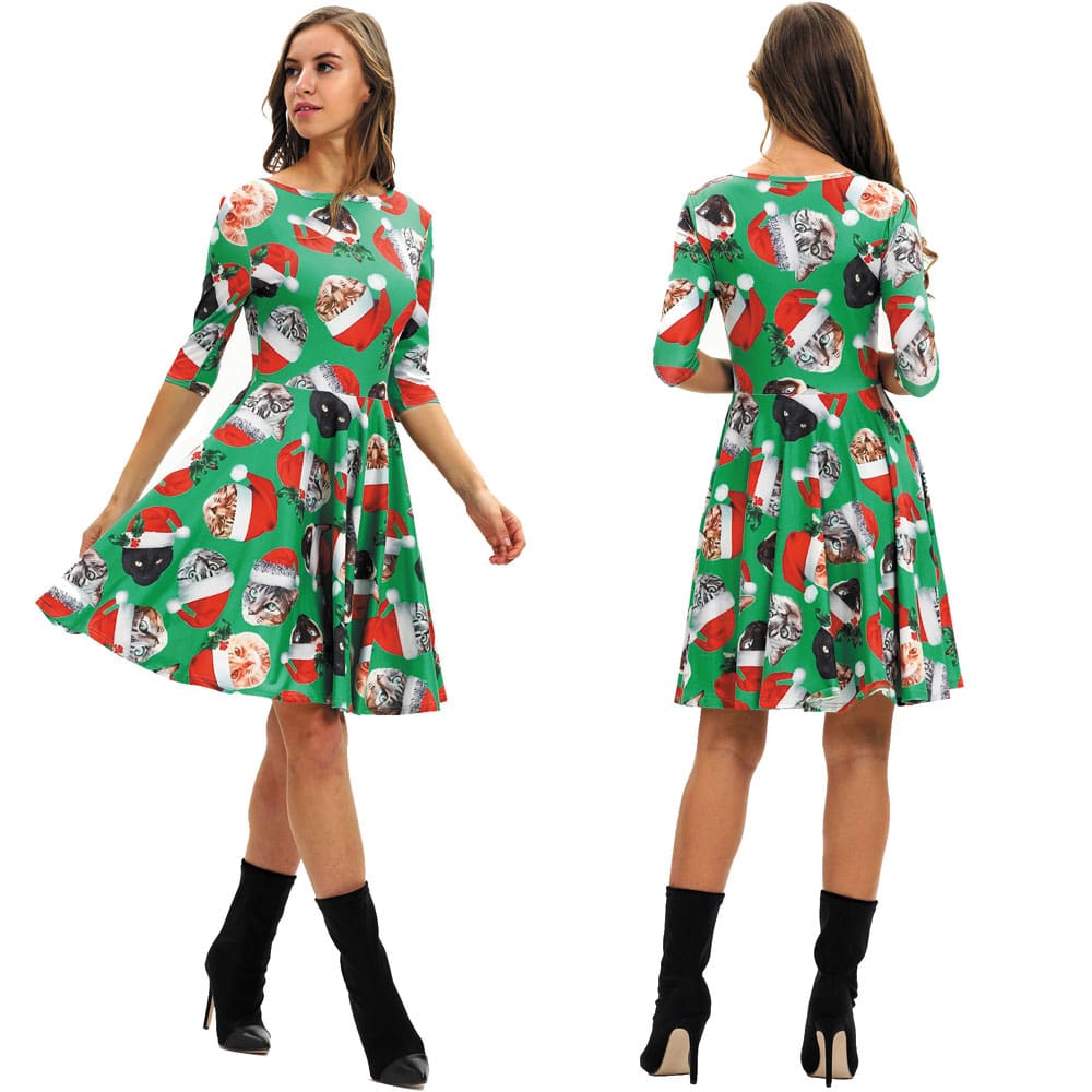 Women Party Dress Ladies Casual Half Sleeve Pleated Xmas Print Cat Snowman Swing Dress