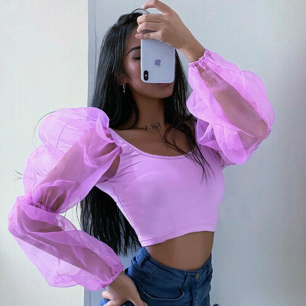 Mesh See Through Lantern Long Sleeve Crop Top Shirt Autumn Women Backless Patchwork Slim Square neck T-Shirt Tees