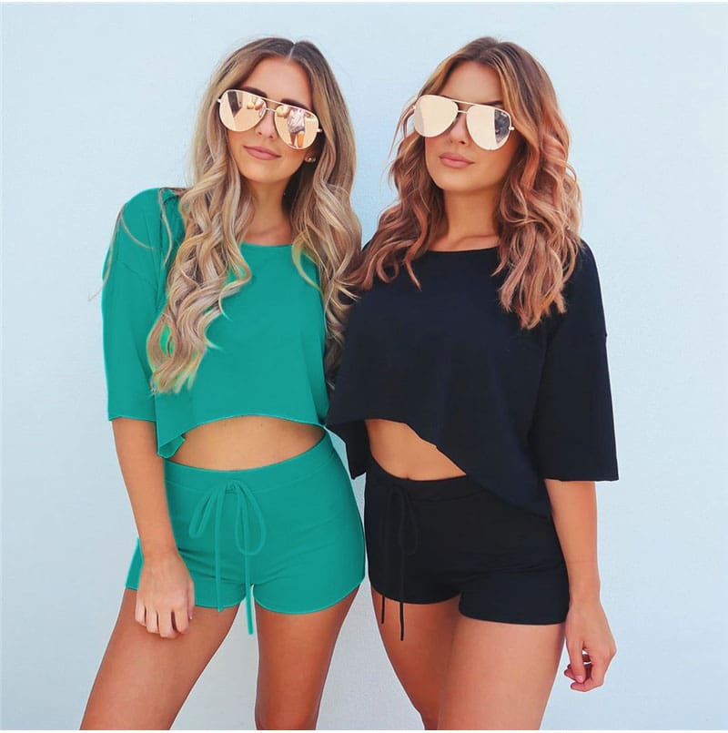 Two Piece Set Women Casual Plain Tracksuit Short Sleeve Crop Top and Short Suit Elegant Fitness Workout Ladies 2 Piece Set