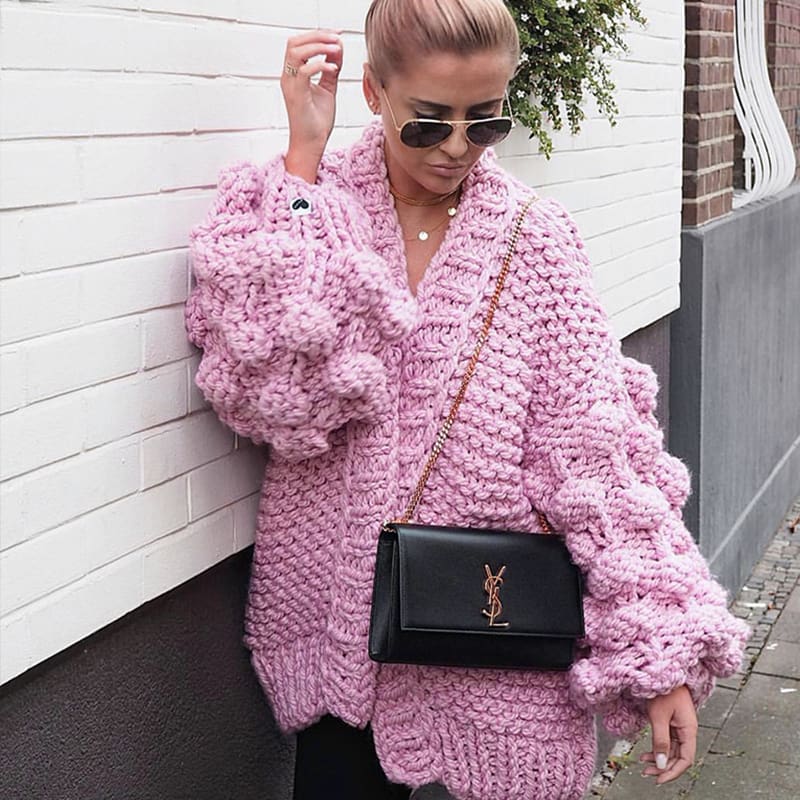 Women Knitted Cardigan Puff Sleeve Loose Sweater Ladies Autumn Winter Warm Casual Outwear Coat Tops