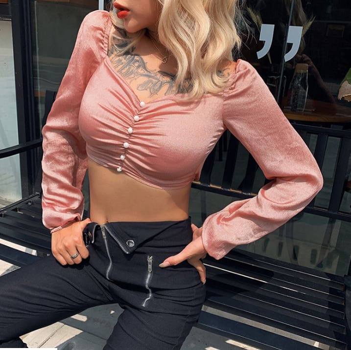 Women Square Neck Crop Tops Ladies Casual Long Sleeve Stretch Shirt Autumn Holiday Blouse Tee shirt