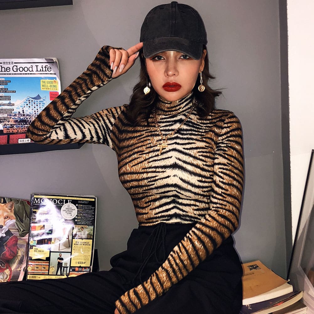 Women Romper Bodysuit Tiger Leopard Print Tops Long Sleeve Ladies Turtleneck Bodycon Stretch Jumpsuit Top Blouse Catsuit