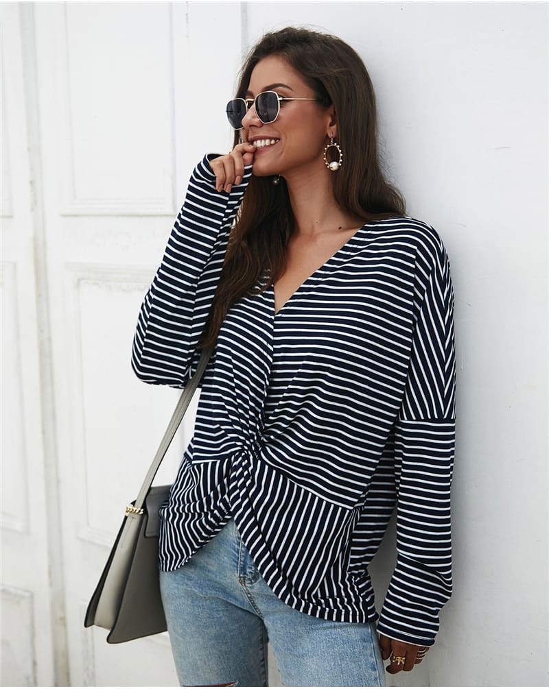 Fashion Women Autumn Casual Top Long Sleeve T shirt V Neck crisscross Tee Shirt Femme Elegant Stripe Dames tshirt Streetwear