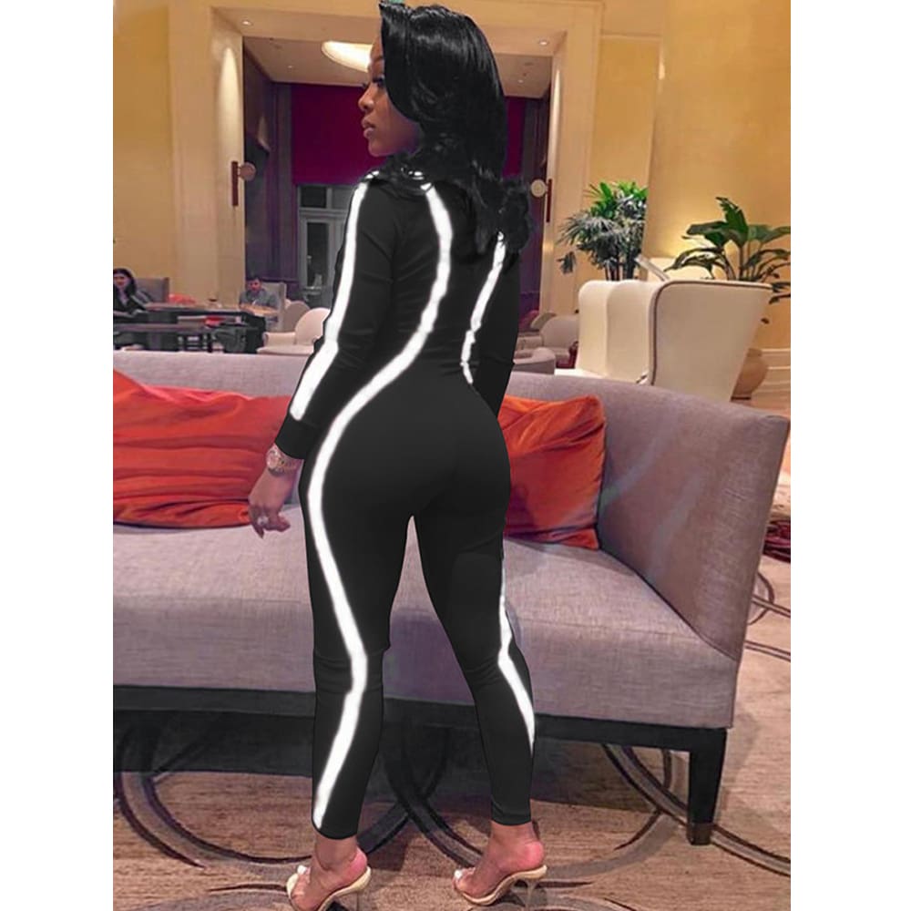 Autumn Sports Tracksuits Women Striped Reflective Jumpsuits Girl Long Sleeve Zip Jumpsuit Casual Skinny Playsuit Plus Size