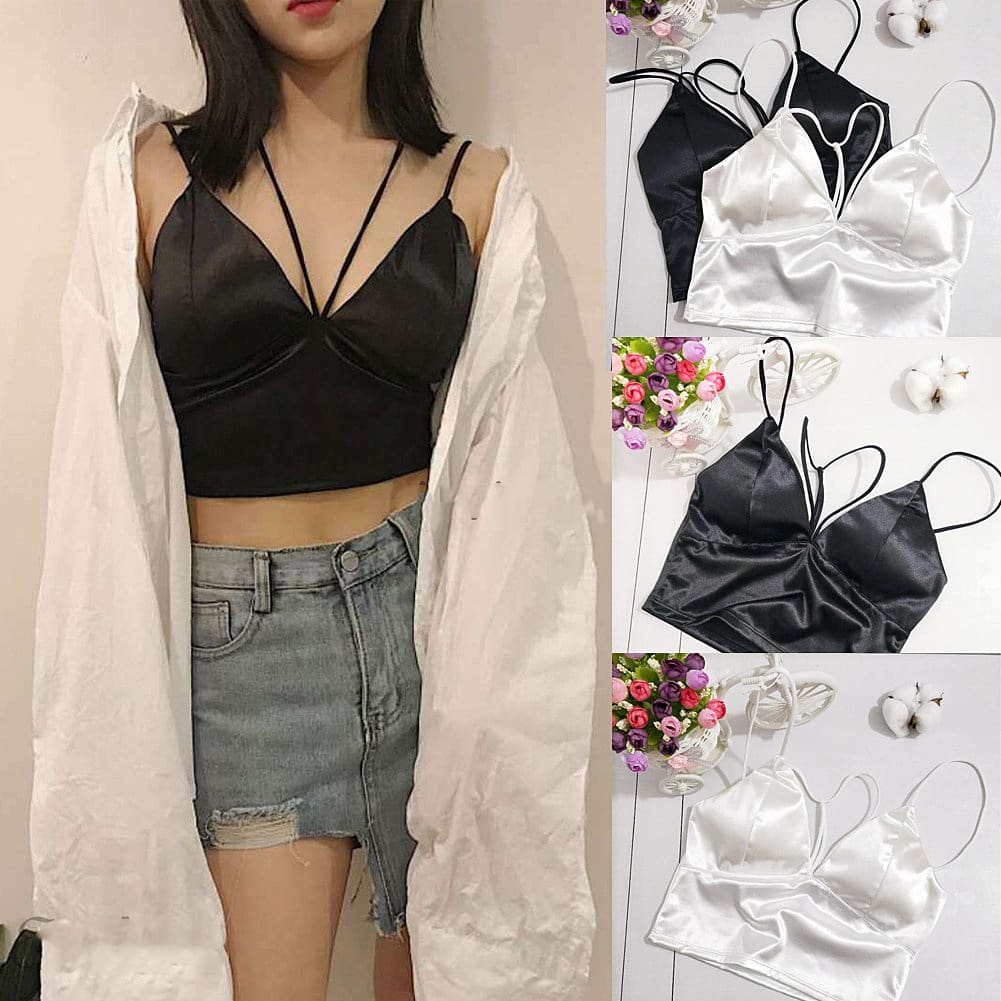 Summer Satin Crop Tops Women Bralette Bustier Bra Vest Shirt V Neck Ladies Tops