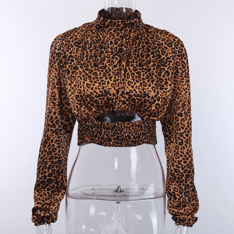 Womens Leopard Long Sleeve Tops Shirt High Neck Slim Blouse Crop Tops