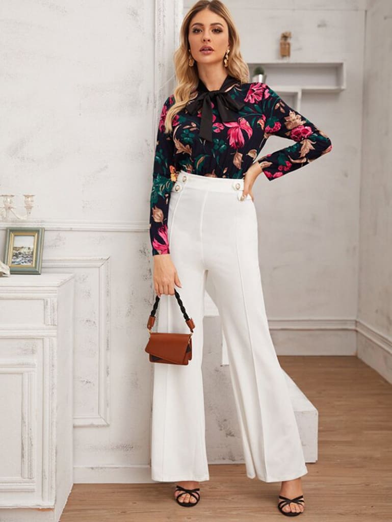 Vintage Women Bow Collar Long Sleeve Shirt Blouse Bodysuit Stretch Leotard Top Floral Slim Romper Jumpsuit