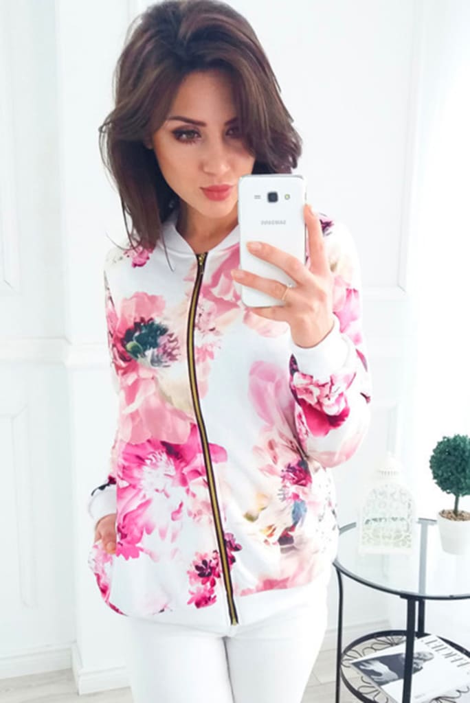 Women Ladies Retro Floral Zipper Up Bomber Long Sleeve Slim Plaid Jacket Casual Floral Zipper Up Bomber Coat Outwear