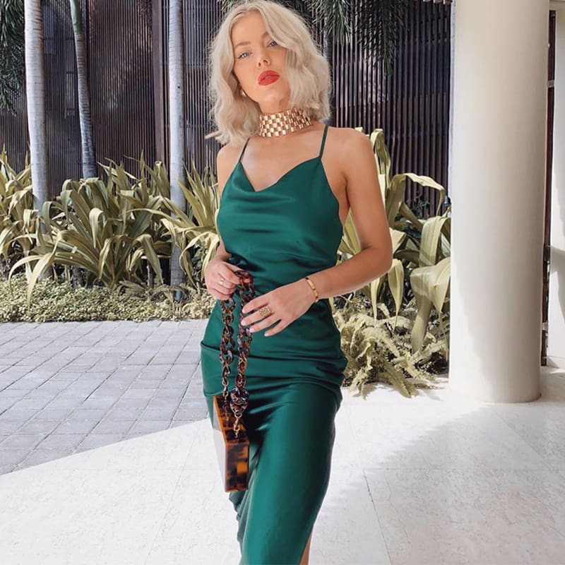 Fashion Women Lady Sexy Satin Sling Dress Summer Sleeveless Strap Split Evening Party Club Long Dress Gown