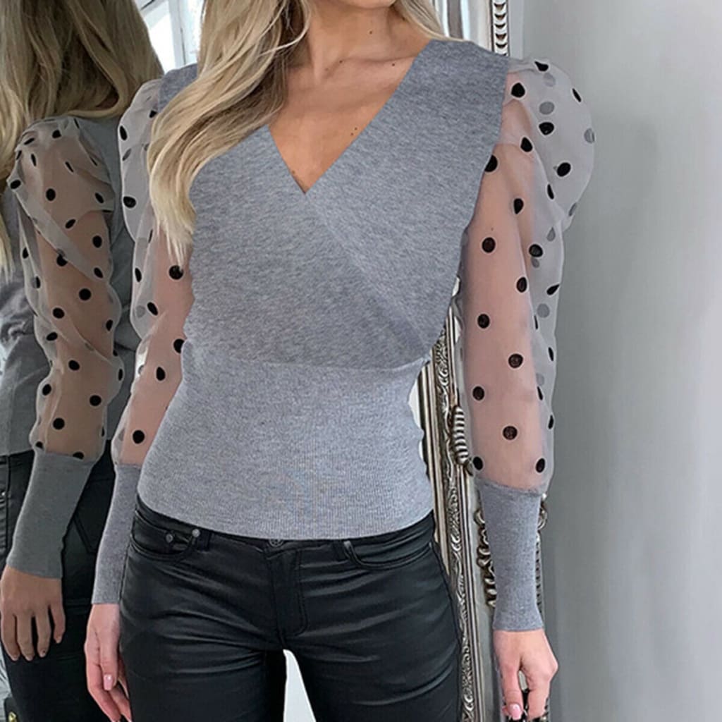 Spring Mesh Long Sleeve Shirt Sexy V Neck Long Sleeve Casual blouses Tops