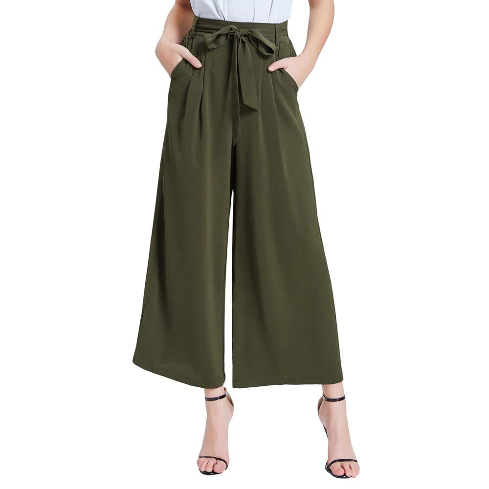 Women Elastic High Waist Casual Belt Trousers Straight Leg Long Pants