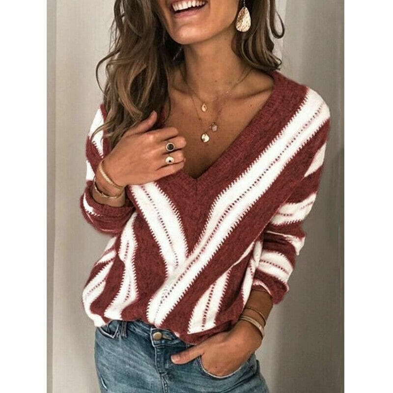 Womens Autumn Winter Striped Long Sleeve V Neck Knit Sweater Ladies Casual Jumper Loose Pullover Tops Blouse