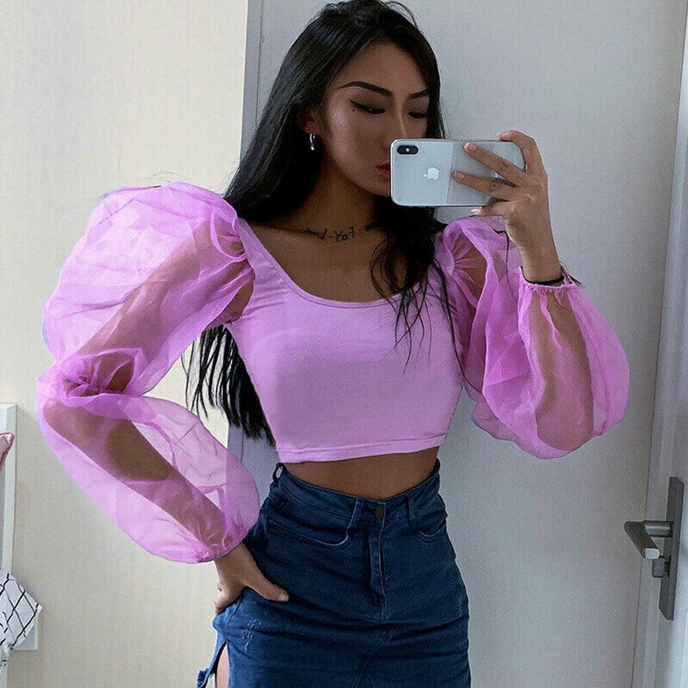 Mesh See Through Lantern Long Sleeve Crop Top Shirt Autumn Women Backless Patchwork Slim Square neck T-Shirt Tees