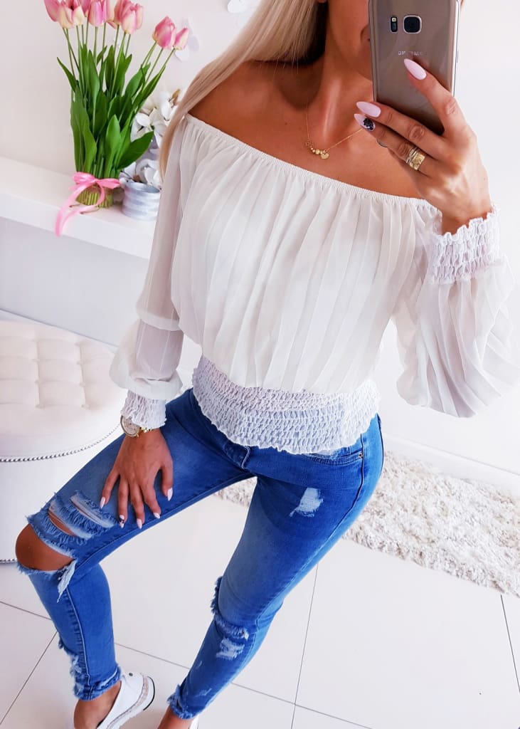 Summer Women Ladies Off Shoulder Pleated Blouse Long Sleeve Casual Slim Streetwear Fashion Female OL Tops