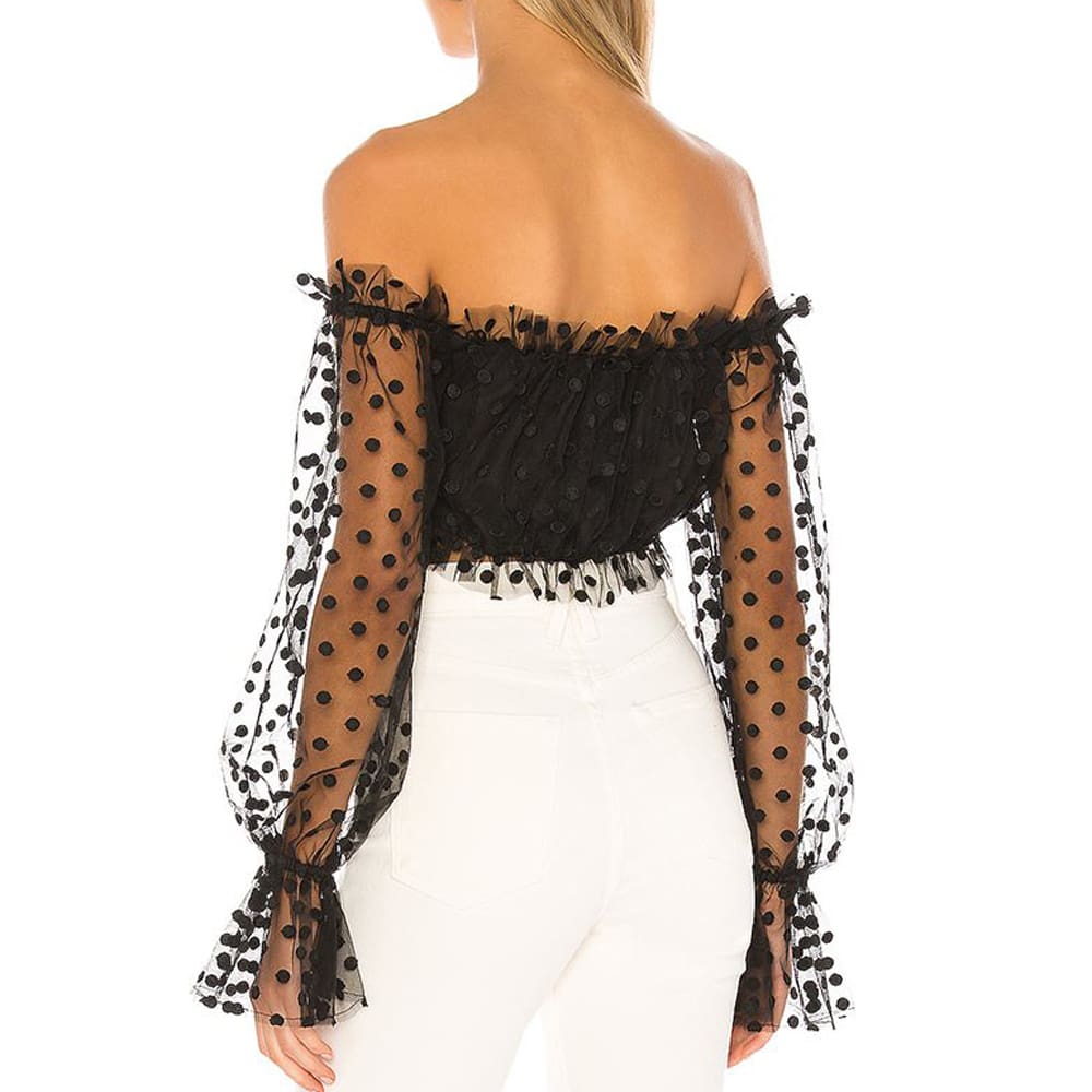 Women Sexy Sheer See-through Long Sleeve Blouse Top Polka Dot Off Shoulder Tops Clubwear