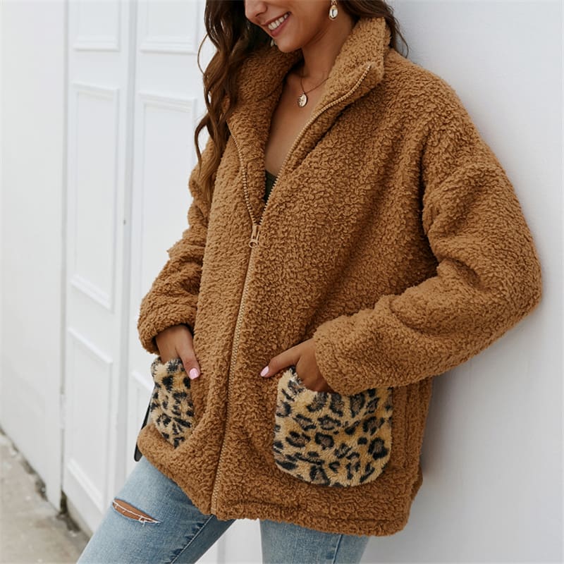 Women Coats And Jackets Plus Size Leopard Pocket Winter Warm Fleece Coats