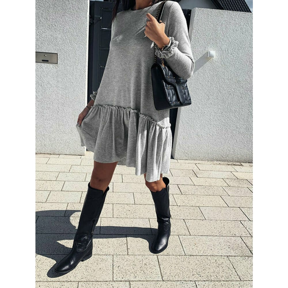 Women O Neck Ruffle Sweater Dress Jumper Autumn Baggy Long Sleeve Tops Pullover Casual Long Midi Dress