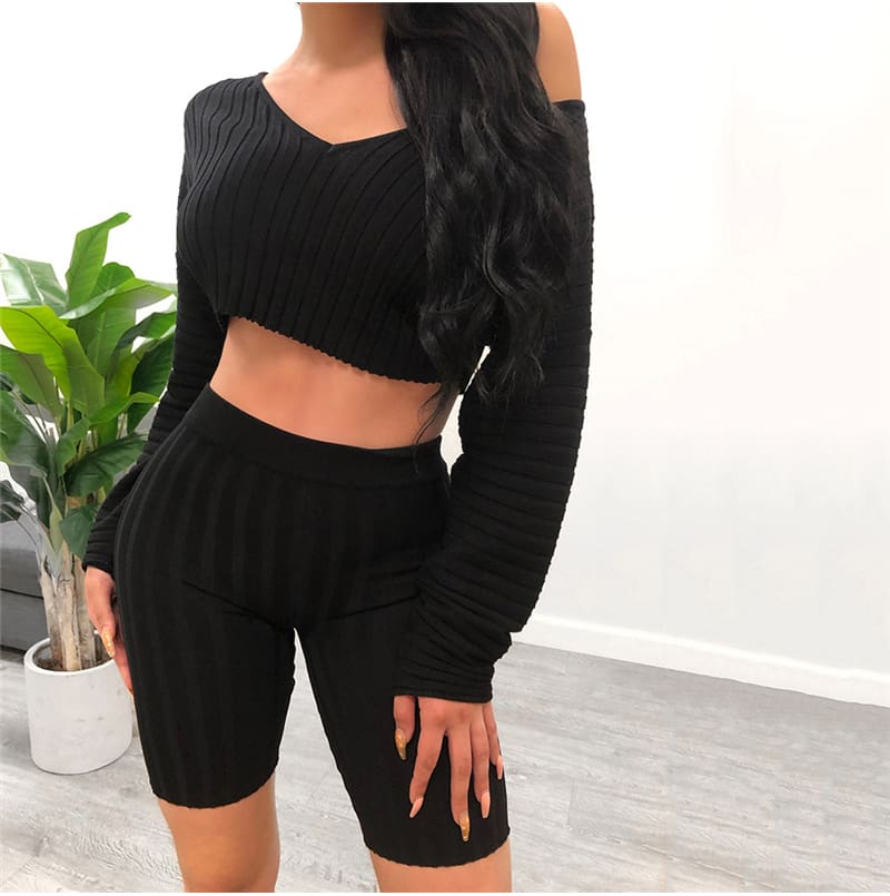 Women Long Sleeve Crop Top and Short Pant Suit Elegant Casual Plain Tight Stretch home wear 2 Piece Set