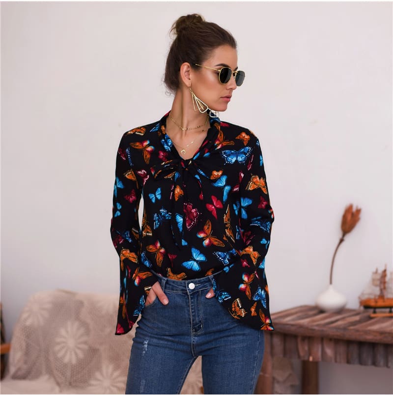 Boho Holiday Women Tops Shirt Elegant Long Sleeve Floral Shirt Ladies Long Sleeve V Neck Loose T shirt Streetwear