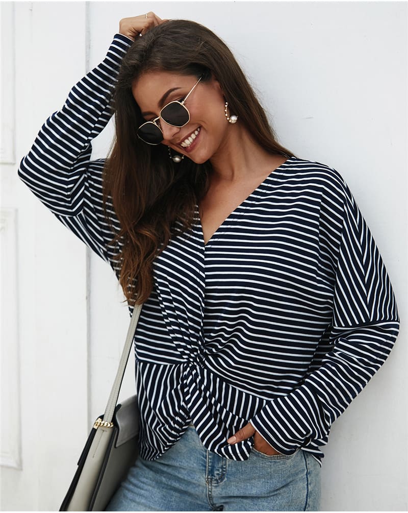 Fashion Women Autumn Casual Top Long Sleeve T shirt V Neck crisscross Tee Shirt Femme Elegant Stripe Dames tshirt Streetwear