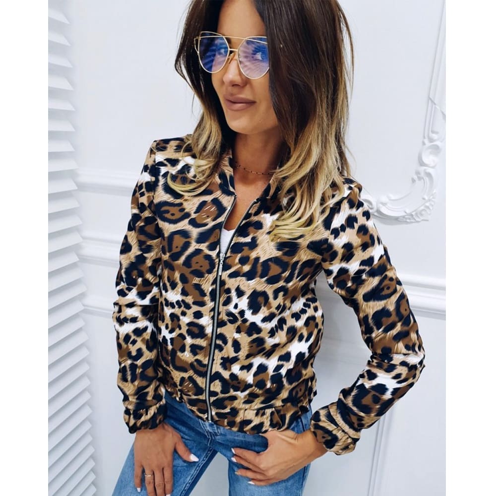 Fashion Women Long Sleeve Jacket Sweater Top Ladies Casual Leopard Print Cardigan Zipper Short Outwear Coat Jacket