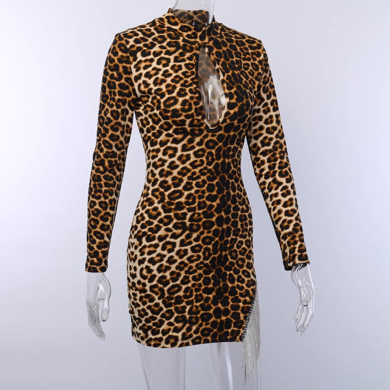 Women Long Sleeve Turtleneck Leopard Dress Diamond Tassel Evening Party Bodycon Dress