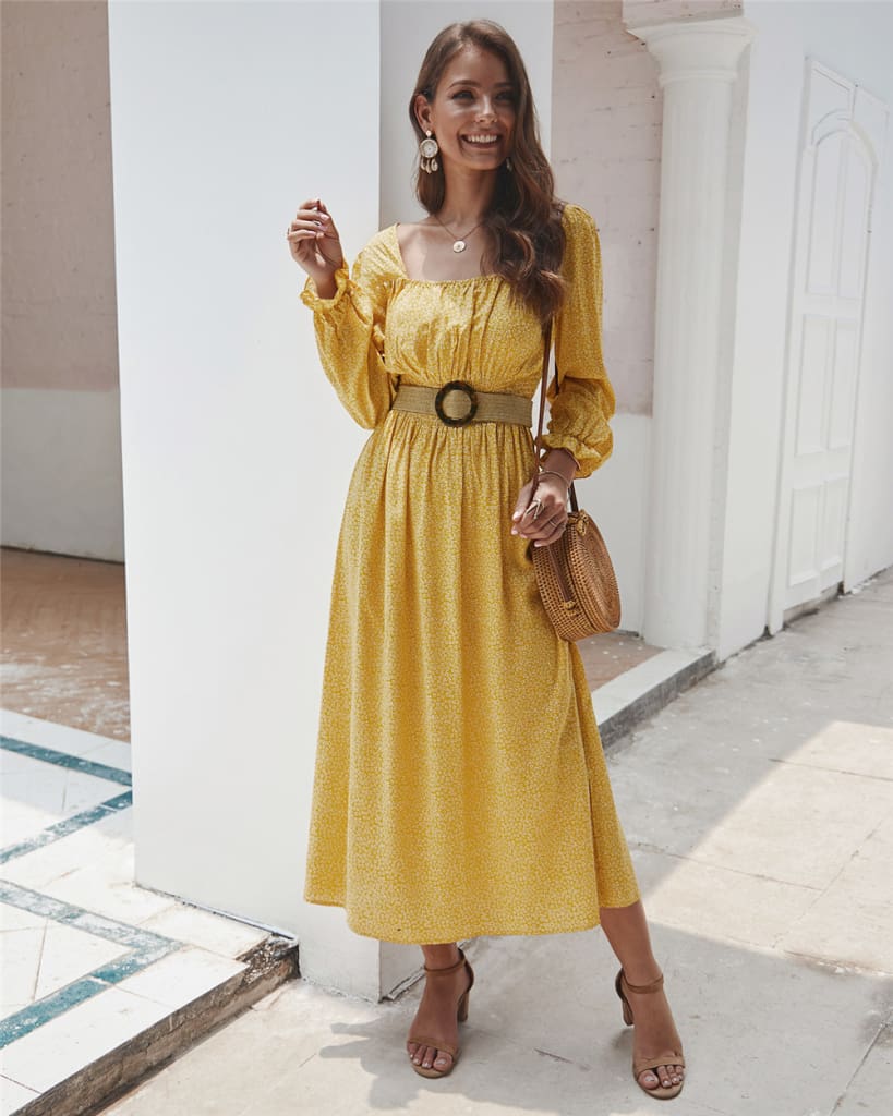 2019 Fashion Trend Women Ladies Long Sleeve Square neck Autumn Dress Floral Autumn Pre-fall Holiday Long Maxi Dress