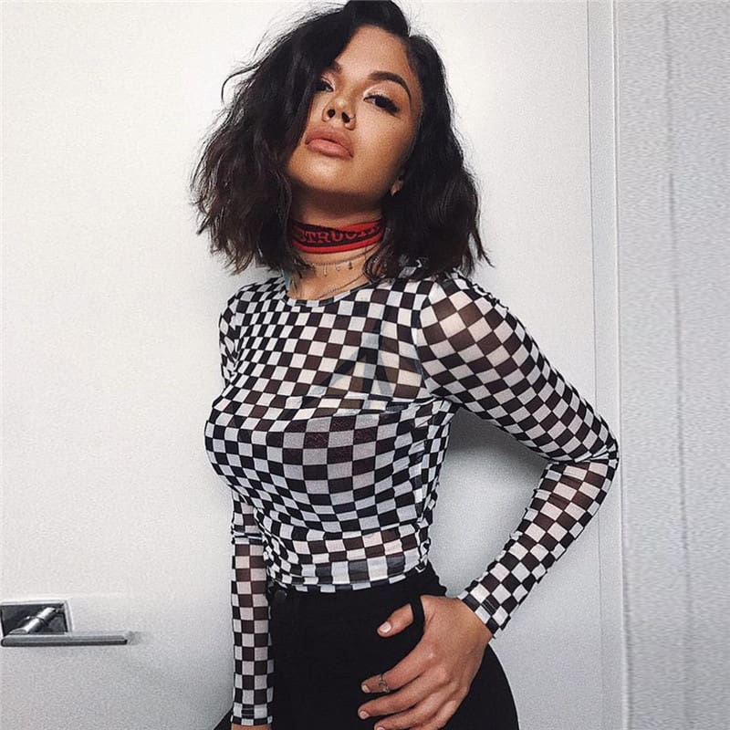 Women Plaid Long Sleeve Mesh Bodycon T-shirts Stretch Ladies Leotard Crop Tops T shirt