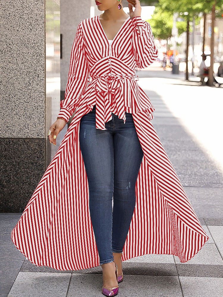 Spring Autumn Women Blouse Black Strips V-Neck Long Sleeve Work Shirts Women office Tops Striped Blouse for Business