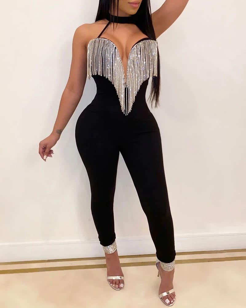 Women Lady Sequin Jumpsuit Romper Bodycon Backless Clubwear Party Long Pant Trouser Black Tassels Dress Outfit